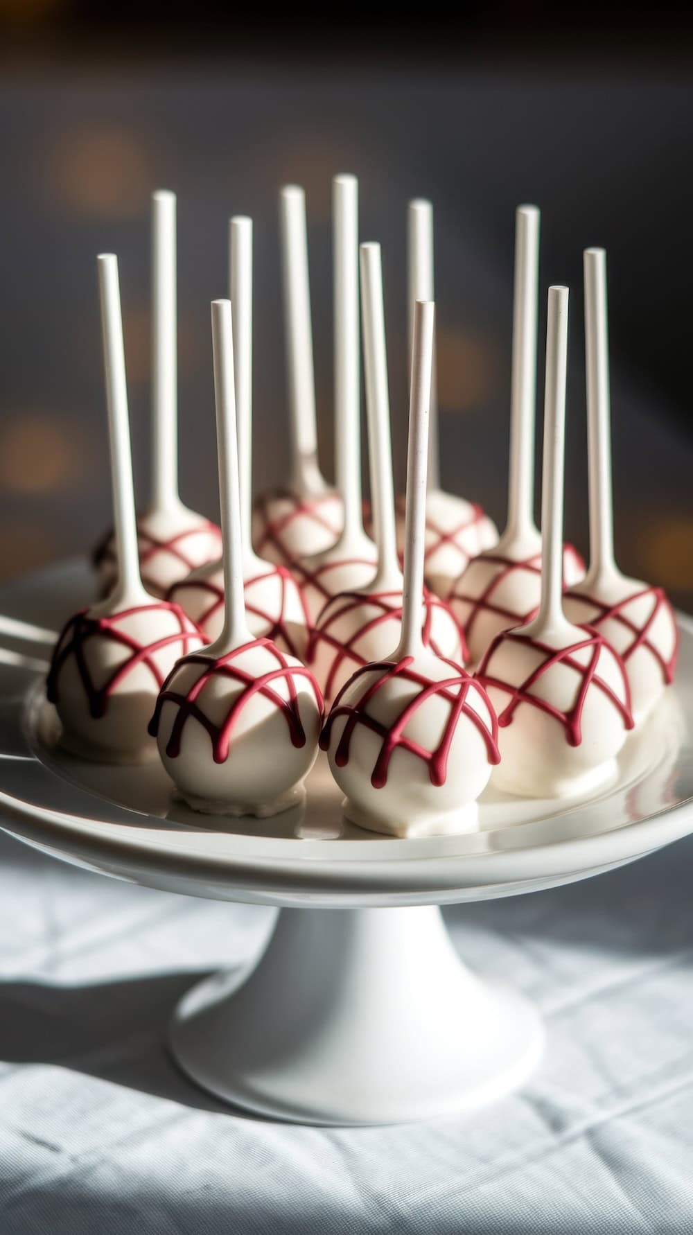 A group of white cake pops with red drizzle designs on sticks, arranged on a white stand, adds a touch of sweetness to the BBQ baby shower. The background is softly blurred, enhancing the playful atmosphere.
