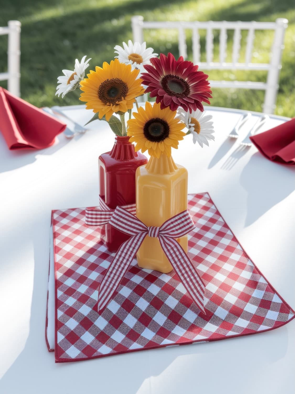 A table is set with a red and white checkered cloth, perfect for a BBQ baby shower, topped with bottles of sunflowers and daisies. Red napkins are folded beside white plates and silverware, while a white chair waits in the background.