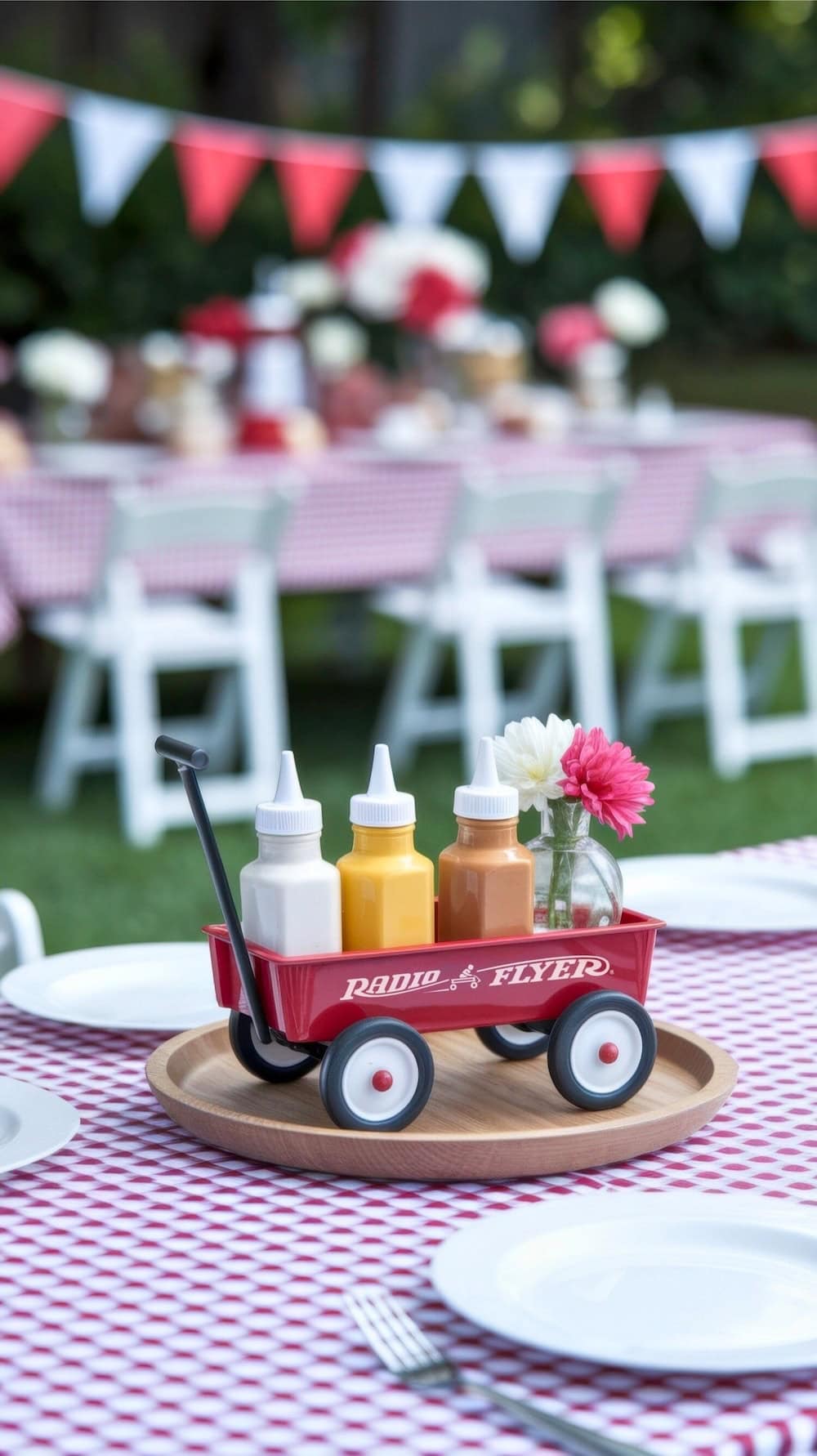 At a BBQ-themed baby shower, a small red wagon on a picnic table holds condiment bottles and a vase with flowers. The tablecloth is red and white checkered. In the background, there's a blurred view of more barbecue baby shower tables with decorations and strings of red, white, and blue flags.