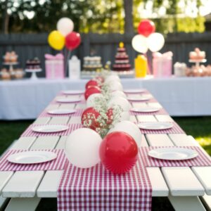 A long outdoor table is set with a red and white checkered tablecloth, plates, and festive balloons. In the background, a buffet brimming with BBQ delights stands next to covered cakes and sweets, colorful balloons accenting the scene of a lively baby shower surrounded by a wooden fence.