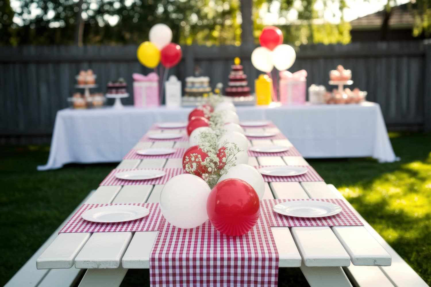 A long outdoor table is set with a red and white checkered tablecloth, plates, and festive balloons. In the background, a buffet brimming with BBQ delights stands next to covered cakes and sweets, colorful balloons accenting the scene of a lively baby shower surrounded by a wooden fence.