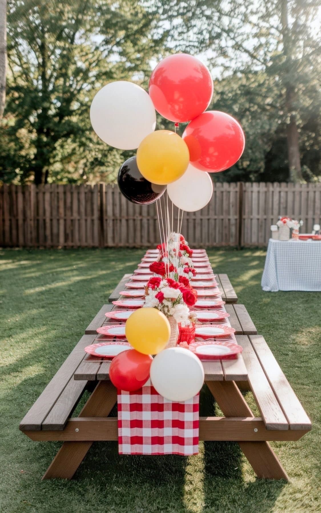 A long picnic table is set with red and white checked tablecloths, perfect for a BBQ baby shower, decorated with colorful balloons. Plates and vases of red flowers are arranged along the table, while a wooden fence and trees provide a charming backdrop.