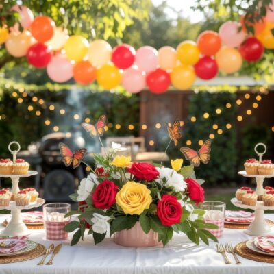 A festively decorated outdoor table for a summer baby shower features a flower centerpiece with red and yellow roses, butterfly decorations, cupcakes, and checkered napkins—perfect for summer baby shower ideas. Colorful balloons and string lights create a cheerful atmosphere.