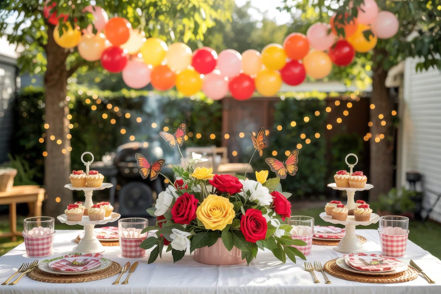 A garden table decorated with colorful flowers, butterflies, and cupcakes is set for a party. Pink, yellow, and red balloons and string lights hang above, creating a festive outdoor atmosphere—perfect for summer baby shower ideas.