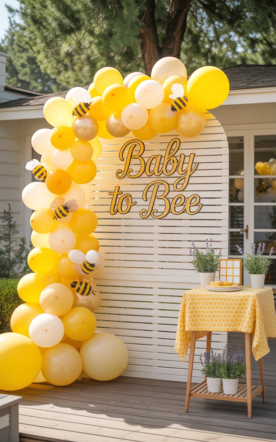 A "Baby to Bee" baby shower display features yellow and white balloons, some with bee decorations, arranged on a white arch outdoors—perfect for those seeking summer baby shower ideas. A small table with potted plants and yellow decor sits beside the arch.