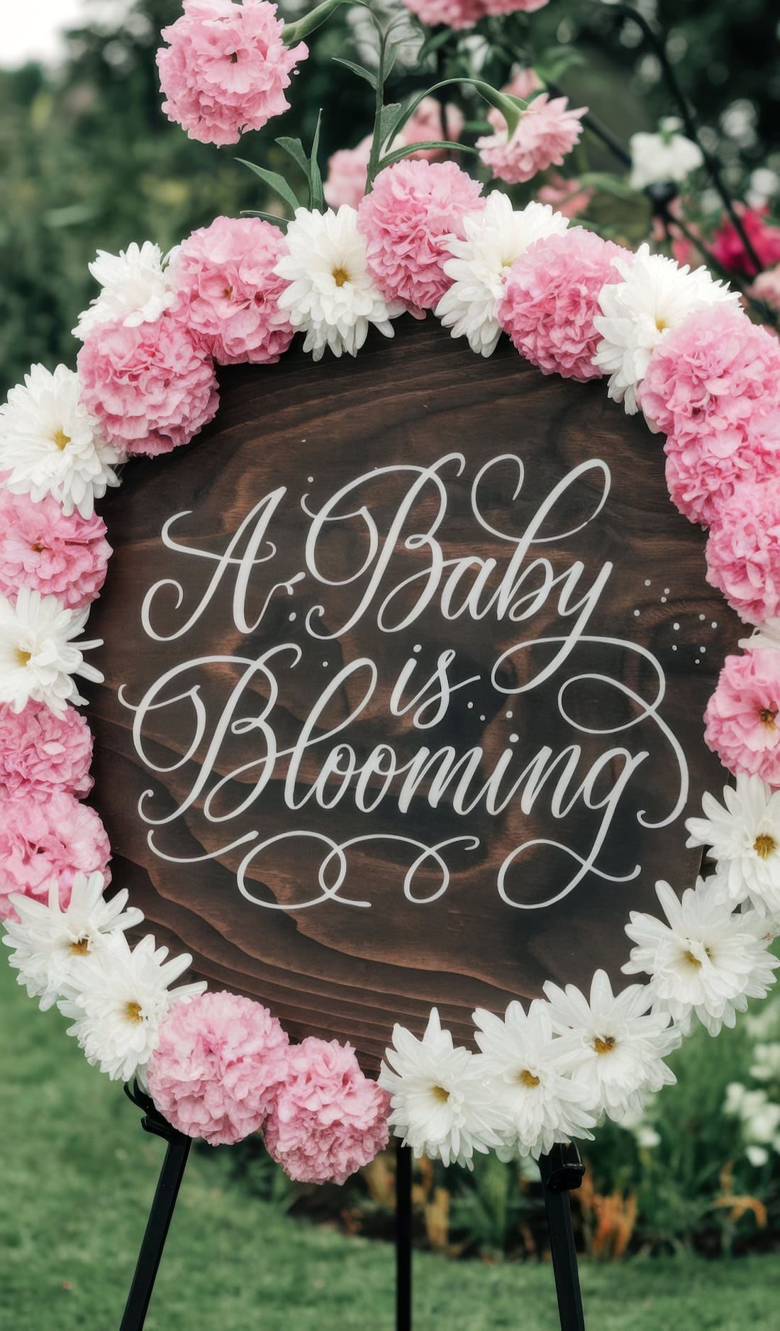 A round wooden sign with white script reading "A Baby is Blooming," surrounded by a wreath of pink and white flowers, displayed outdoors on a stand—perfect for summer baby shower ideas.
