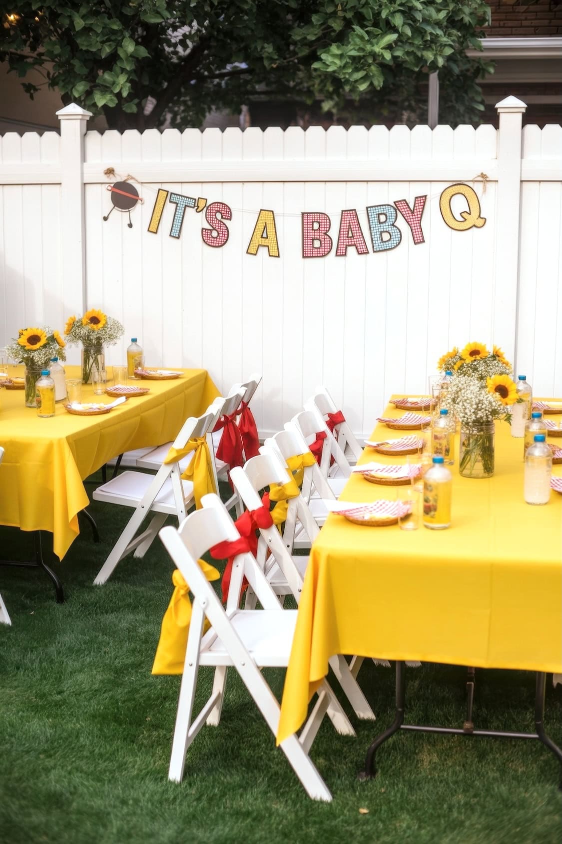 Outdoor baby shower setup with yellow tablecloths, white chairs, sunflower centerpieces, and a banner reading "IT'S A BABY Q" on a white fence—perfect inspiration for summer baby shower ideas. Plates and water bottles are set on the tables.