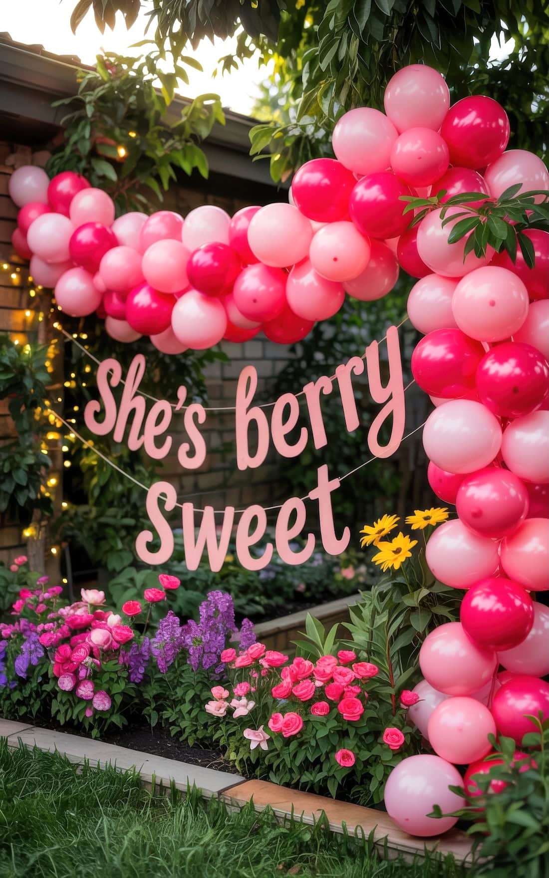 A garden display with pink and red balloons forming an arch over a sign that reads “She’s berry sweet,” surrounded by colorful flowers and greenery, makes for perfect summer baby shower ideas.