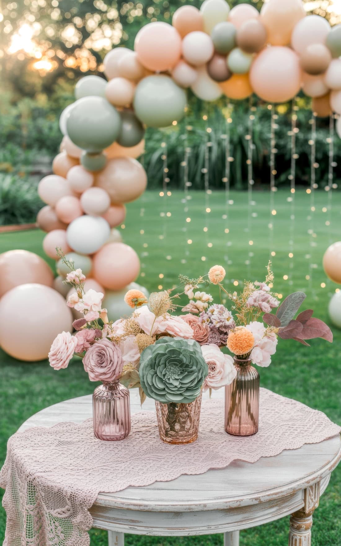 A small round table with pink lace cloth holds three vases of pastel flowers. Behind it, a large balloon arch in soft pink, green, and gold stands in a garden—perfect for summer baby shower ideas with string lights glowing overhead.