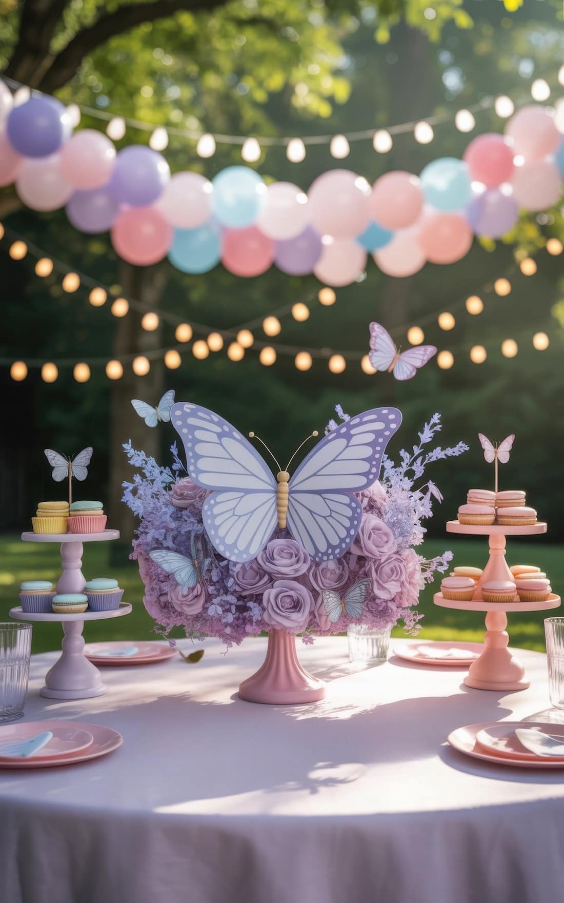 A pastel-themed outdoor summer baby shower party table with a butterfly cake centerpiece, purple flowers, macarons on stands, and string lights with pastel balloons—perfect inspiration for summer baby shower ideas.