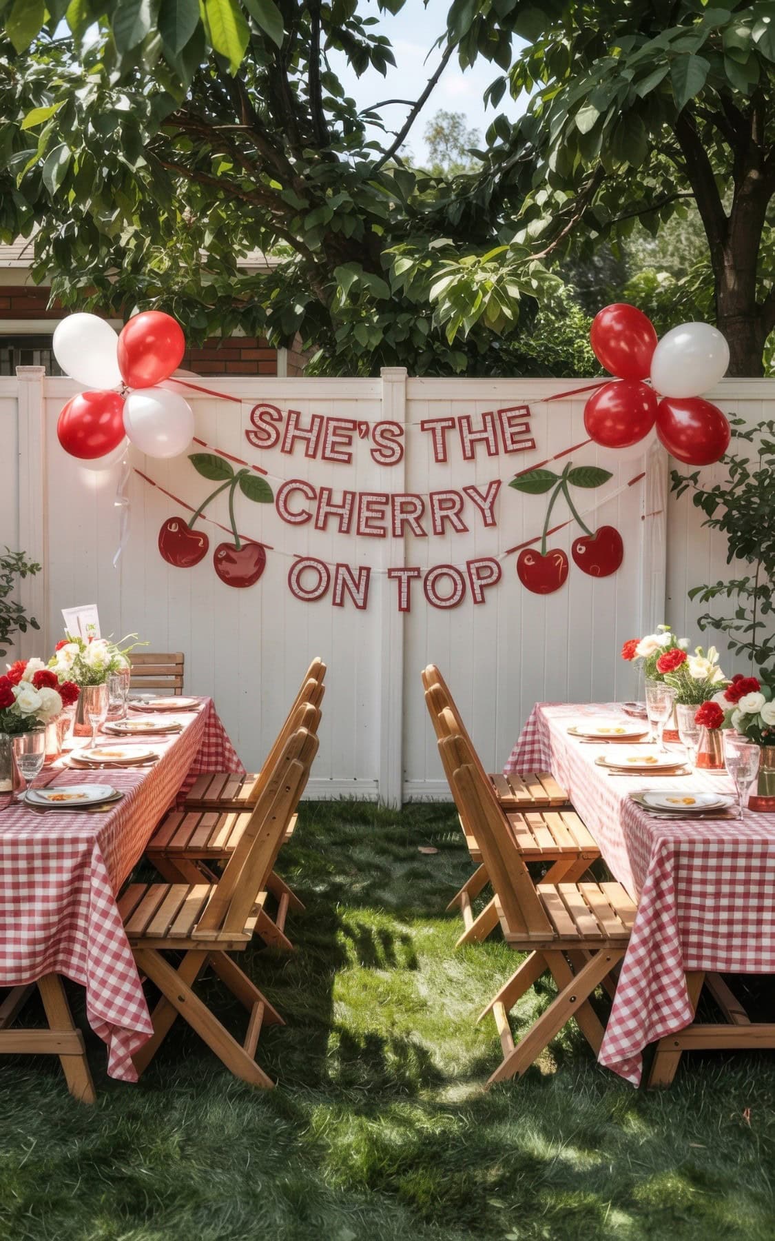 Outdoor party - a summer baby shower - with wooden chairs and tables covered in red-and-white checkered tablecloths. A white fence is decorated with red balloons, cherry illustrations, and a banner reading "She’s the cherry on top"—perfect for summer baby shower ideas.