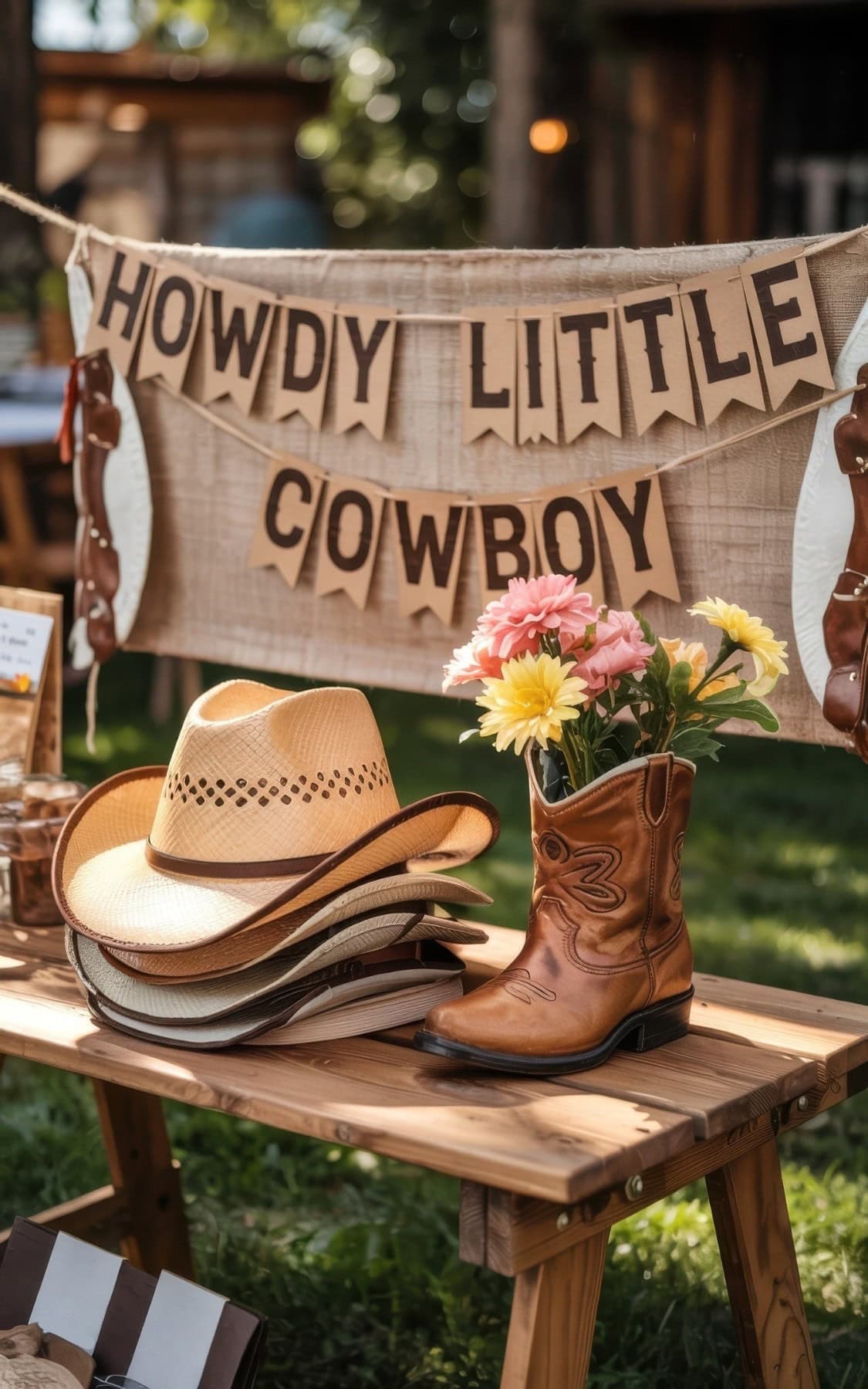 A rustic wooden bench holds cowboy hats, a leather boot filled with flowers, and sits in front of a "Howdy Little Cowboy" banner—perfect inspiration for summer baby shower ideas with an outdoor country vibe.