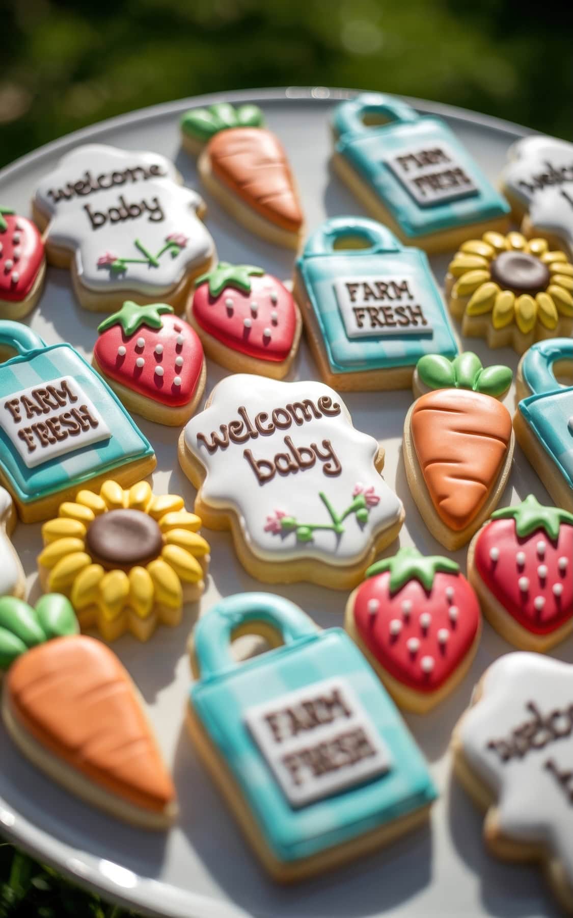 A plate of decorated sugar cookies shaped like carrots, strawberries, sunflowers, and signs reading "FARM FRESH" and "welcome baby," summer baby shower ideas, arranged on a white plate in bright sunlight.