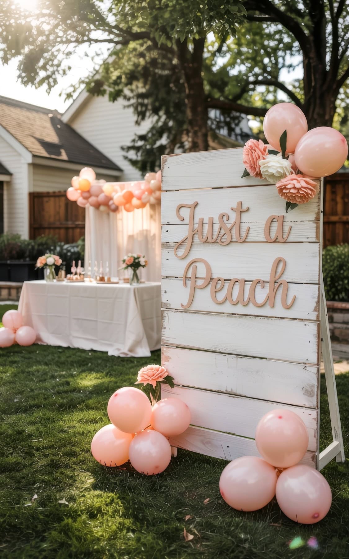A backyard party setup with a white wooden sign reading "Just a Peach," decorated with peach and pink balloons and flowers—a charming scene perfect for those seeking summer baby shower ideas, with a coordinating table and canopy in the background.