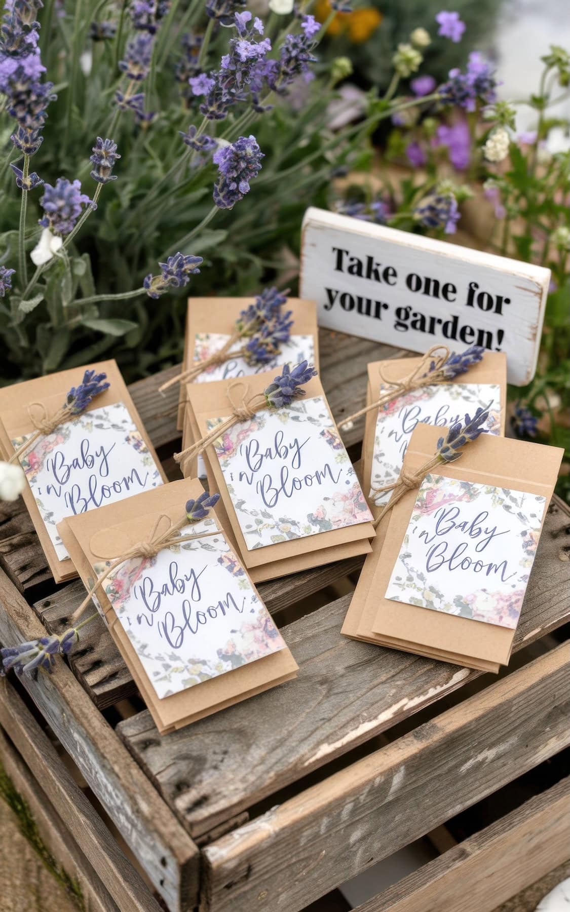 Small brown envelopes with “Baby in Bloom” labels and lavender sprigs are displayed on a wooden crate beside a sign that reads “Take one for your garden”—a charming touch for summer baby shower ideas, with lavender flowers and greenery in the background.