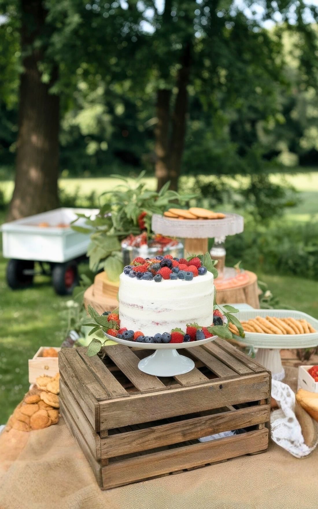 A white frosted cake topped with berries sits on a wooden crate outdoors, surrounded by cookies, crackers, and greenery—an inviting scene perfect for those seeking summer baby shower ideas amid trees and grass in the background.