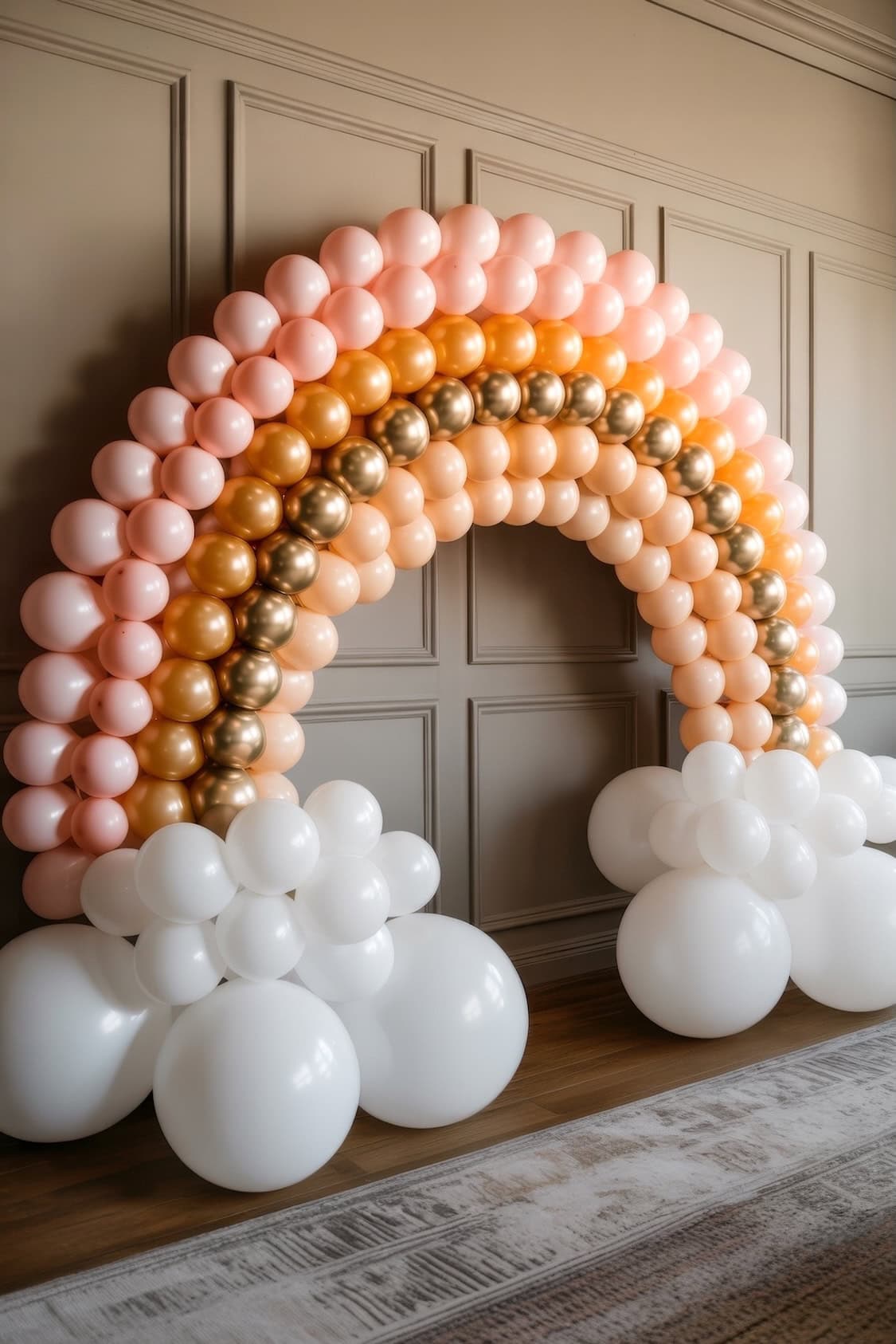 A balloon arch in the shape of a rainbow, made with pink, peach, and gold balloons, stands against a paneled wall. White balloon clusters at the base represent clouds—inspiration for summer baby shower ideas.