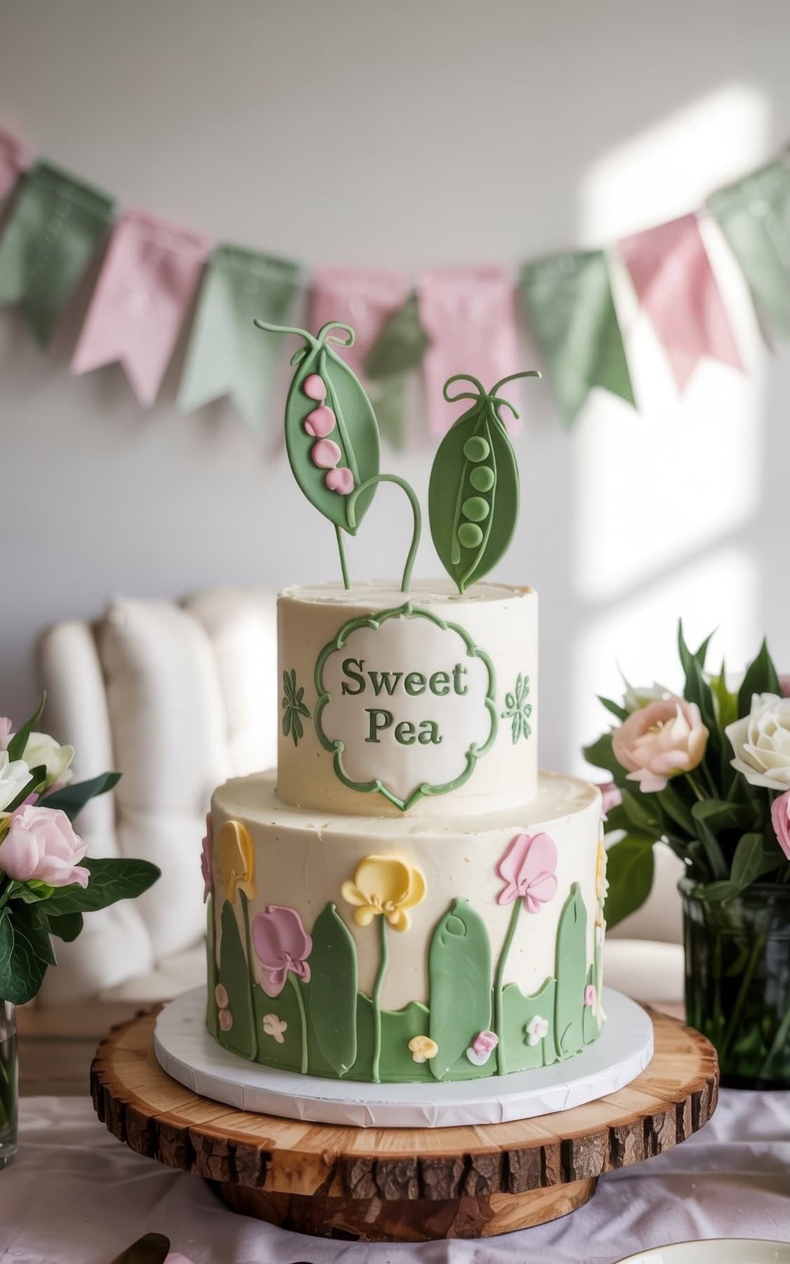 A two-tier cake decorated with green pea pod toppers and fondant flowers, with "Sweet Pea" written on the front. Perfect for summer baby shower ideas, it sits on a wooden stand, surrounded by flowers and pastel bunting.