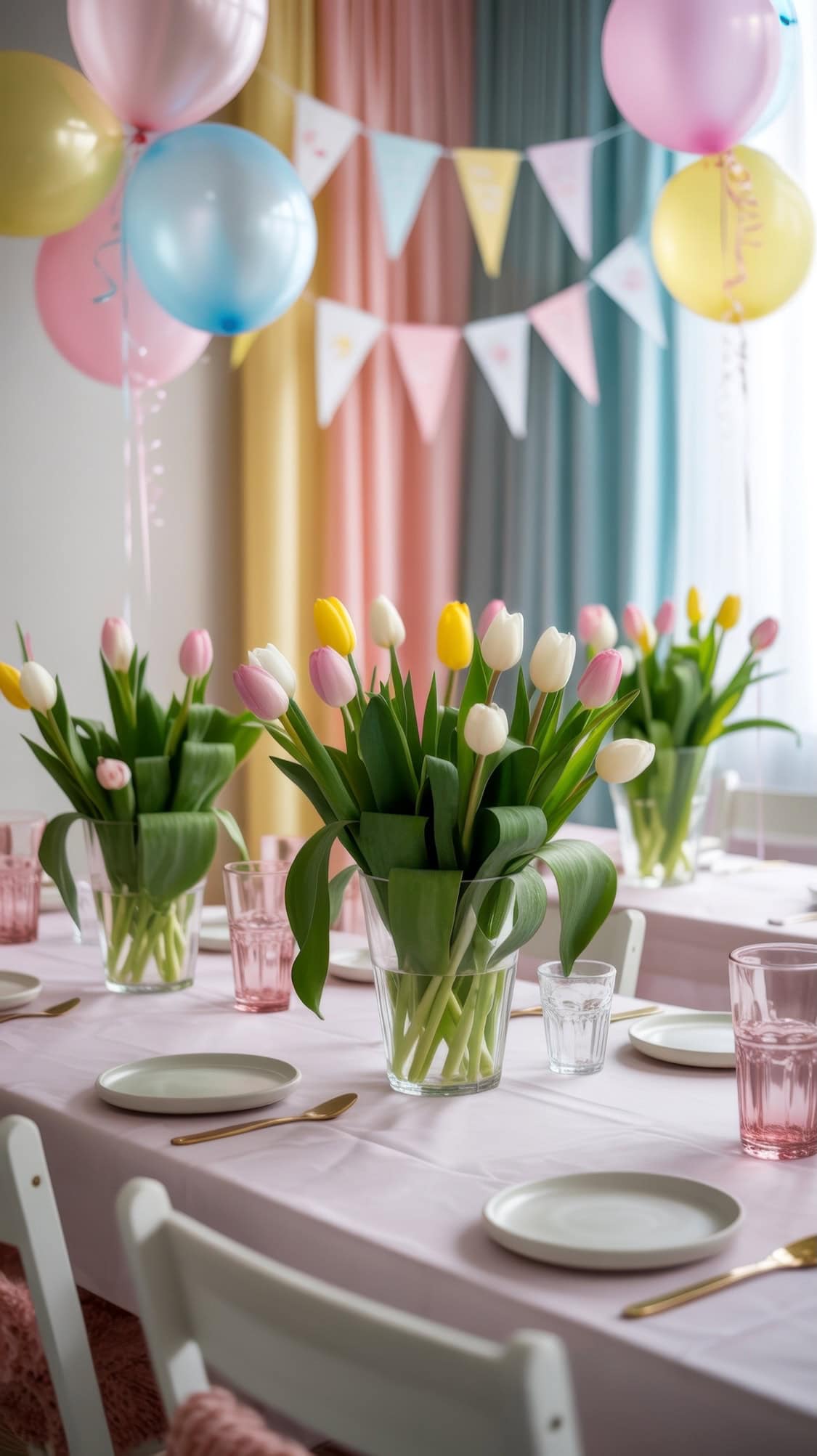 A festive table set for a party with vases of pink, white, and yellow tulips, pink glasses, plates, gold cutlery, pastel balloons, and bunting—perfect inspiration for summer baby shower ideas.