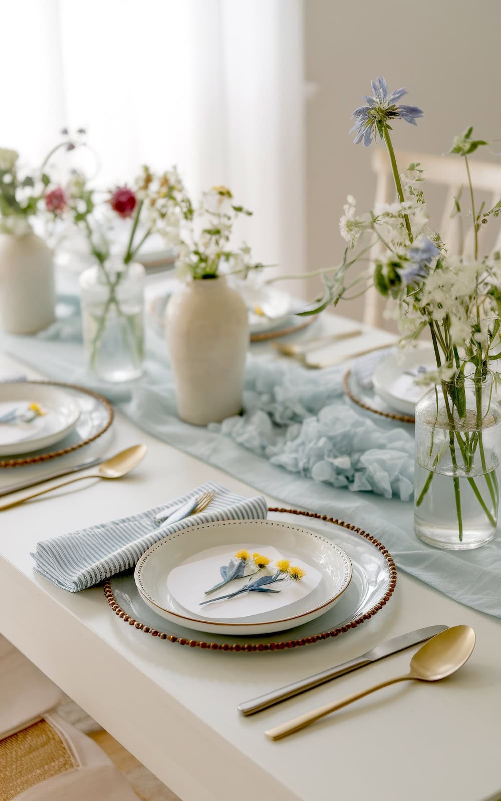 A beautifully set dining table with white plates, gold cutlery, striped napkins, and small wildflowers on each plate—perfect for summer baby shower ideas. Fresh vases of flowers and a light blue table runner add a charming touch.