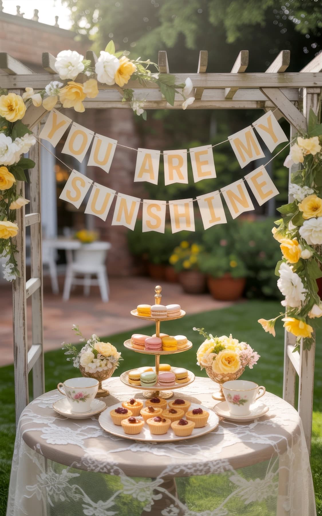 A garden table decorated with flowers and lace holds a tiered tray of macarons and tarts under a pergola—perfect for summer baby shower ideas. Above, a “YOU ARE MY SUNSHINE” banner hangs amid yellow and white blooms.