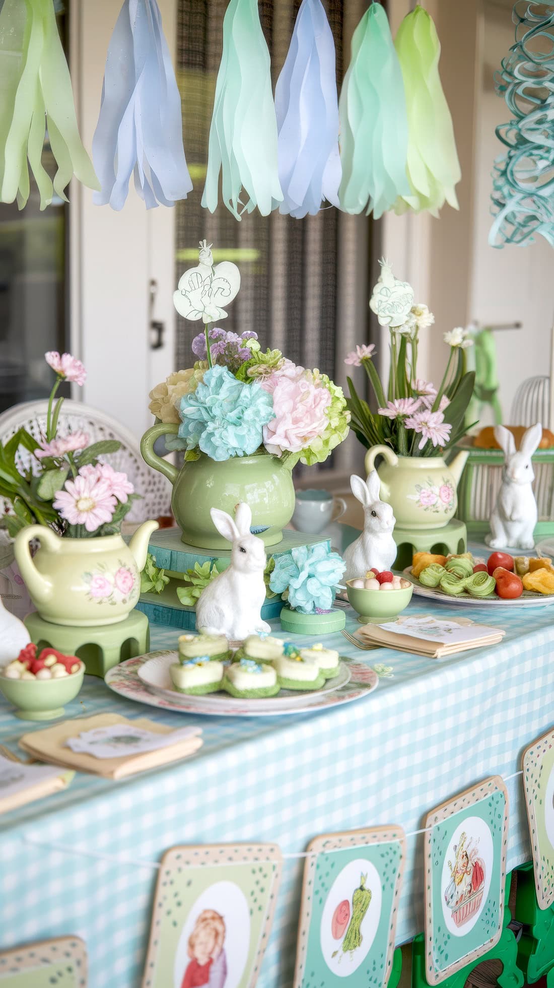 A pastel-themed party table, perfect for summer baby shower ideas, is decorated with ceramic bunnies, teapots filled with flowers, pastel desserts, colorful ribbons, a blue gingham tablecloth, and illustrated cards hanging from the edge.