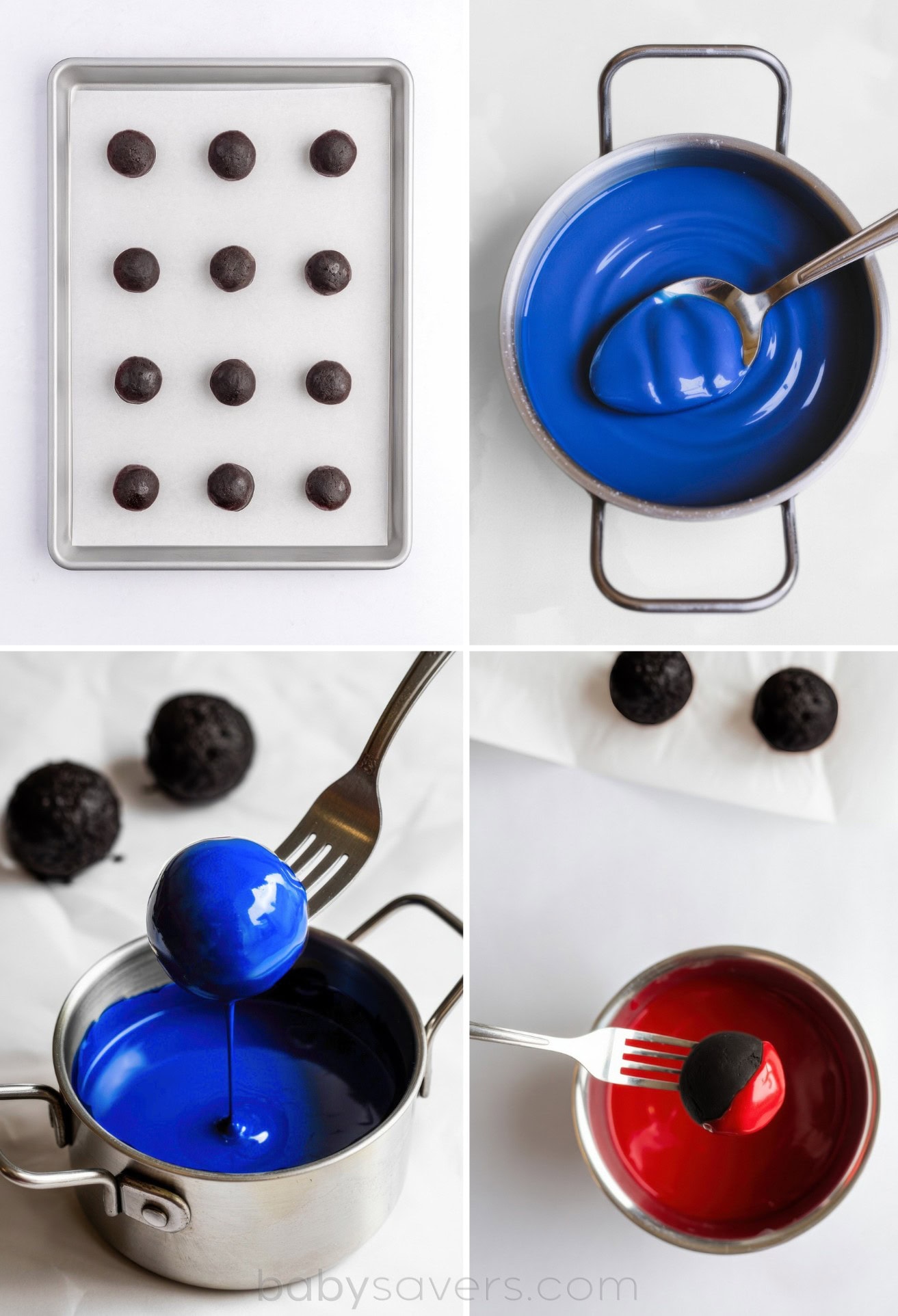 A four-panel image shows Oreo Balls on a tray, a pot of melted blue coating, a ball dipped in blue coating, and a pot of red coating with a Red White and Blue Oreo Ball about to be dipped—perfect for Patriotic Desserts.