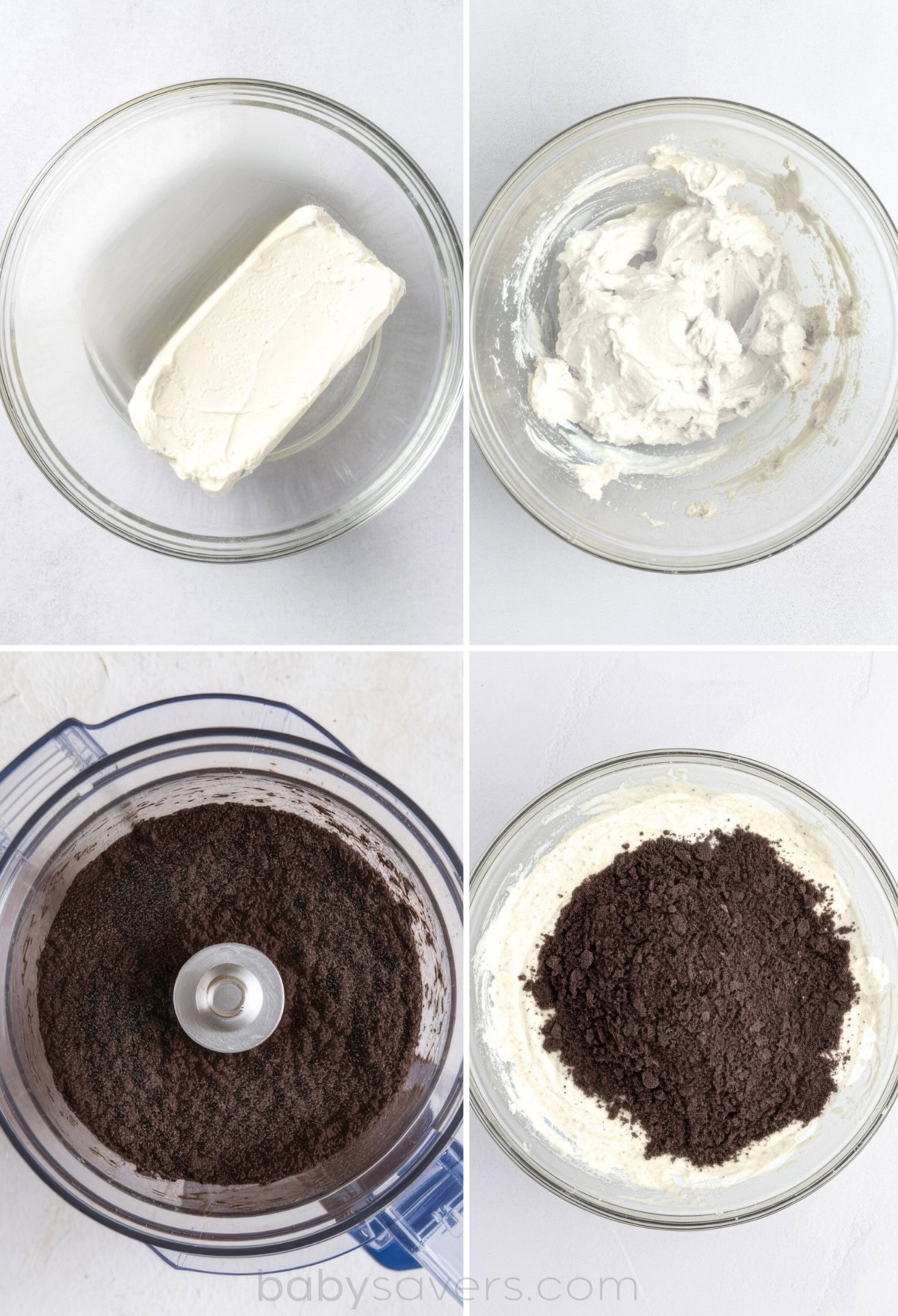 Four images show steps in making Oreo Balls: a bowl of cream cheese, cream cheese mixed until smooth, crushed chocolate cookies in a food processor, and cookie crumbs added for these patriotic desserts.