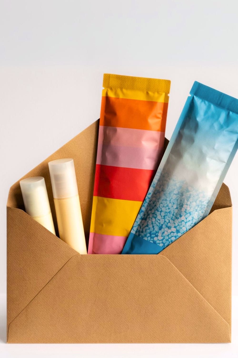 A brown paper envelope contains two beige cosmetic bottles and two colorful sachets—perfect free samples for beauty lovers—one with red and pink stripes and one blue with a pebble pattern, set against a light background.