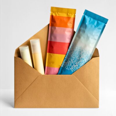 A brown envelope holds two cylindrical bottles and two colorful sachets, perfect for those looking to find free samples. One sachet features orange and pink stripes, the other blue with a granular texture. The envelope stands upright on a white surface.
