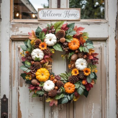 A rustic door features a "Welcome Home" sign above a festive autumn wreath adorned with orange and white pumpkins, pinecones, yellow flowers, and fall leaves—perfect for inspiring new pumpkin decor ideas this season.