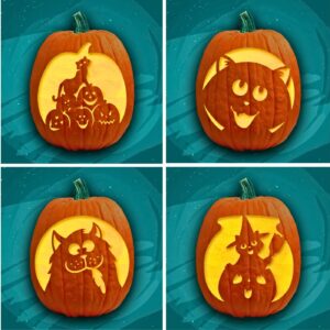Four cat pumpkin carvings carved with Halloween designs: a witch and pumpkins, a smiling cat face, a goofy cat with tongue out, and a witch riding a broomstick. Each of the intricate cat pumpkin stencils is displayed on a teal background with faint stars.