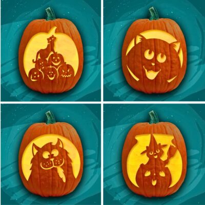Four cat pumpkin carvings carved with Halloween designs: a witch and pumpkins, a smiling cat face, a goofy cat with tongue out, and a witch riding a broomstick. Each of the intricate cat pumpkin stencils is displayed on a teal background with faint stars.