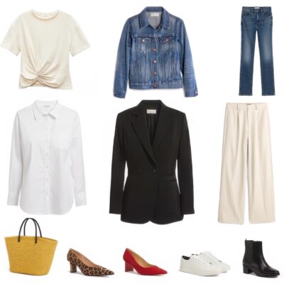 Flat lay of various women’s clothing and shoes, styled with Stitch Fix inspiration—cream knotted t-shirt, denim jacket, blue jeans, white button-up shirt, black blazer, cream trousers, yellow tote, leopard and red pumps, white sneakers, and black ankle boots.
