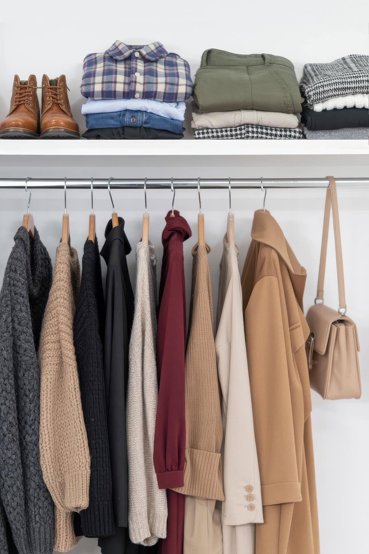 A neatly organized closet with folded shirts, pants, and sweaters on a shelf, brown shoes, and several neutral-toned coats and sweaters hanging below, next to a beige handbag—embracing value with fewer pieces inspired by Stitch Fix.