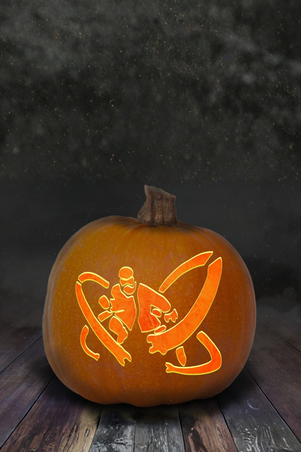 A carved Spiderman pumpkin sits on a wooden surface, featuring an illuminated design of two astronauts floating in space beneath a starry night sky, perfect for fans searching for free Spider-Man templates to create their own cosmic designs.