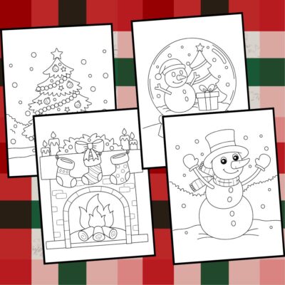 Four free printable Christmas coloring pages for kids featuring: a decorated Christmas tree, a snow globe with a snowman and presents, a cozy fireplace with stockings and candles, and a snowman in plaid with hat, scarf, and mittens.
