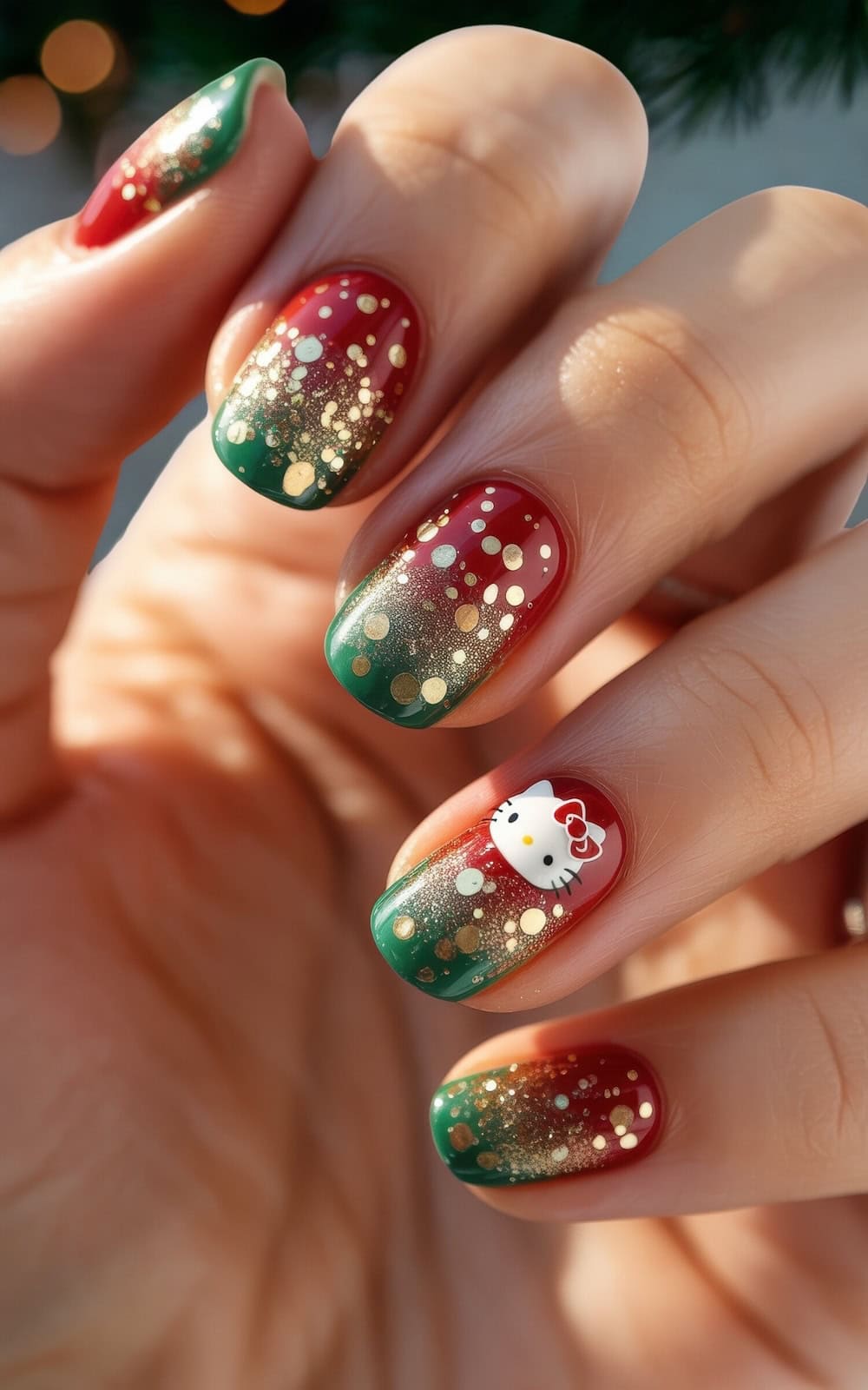A hand with manicured nails featuring red and green polish, gold glitter accents, and a cute Hello Kitty design on one nail, perfect for showing off festive Hello Kitty Christmas nails.
