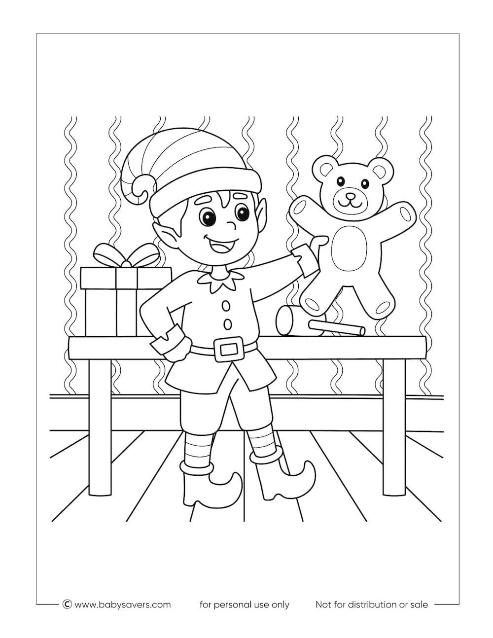 A cheerful elf holding a teddy bear stands in front of a table with a present, toy train, and candy cane—perfect for kids to enjoy on Christmas coloring pages. Wavy lines in the background add a touch of warmth and magic to this free printable scene.