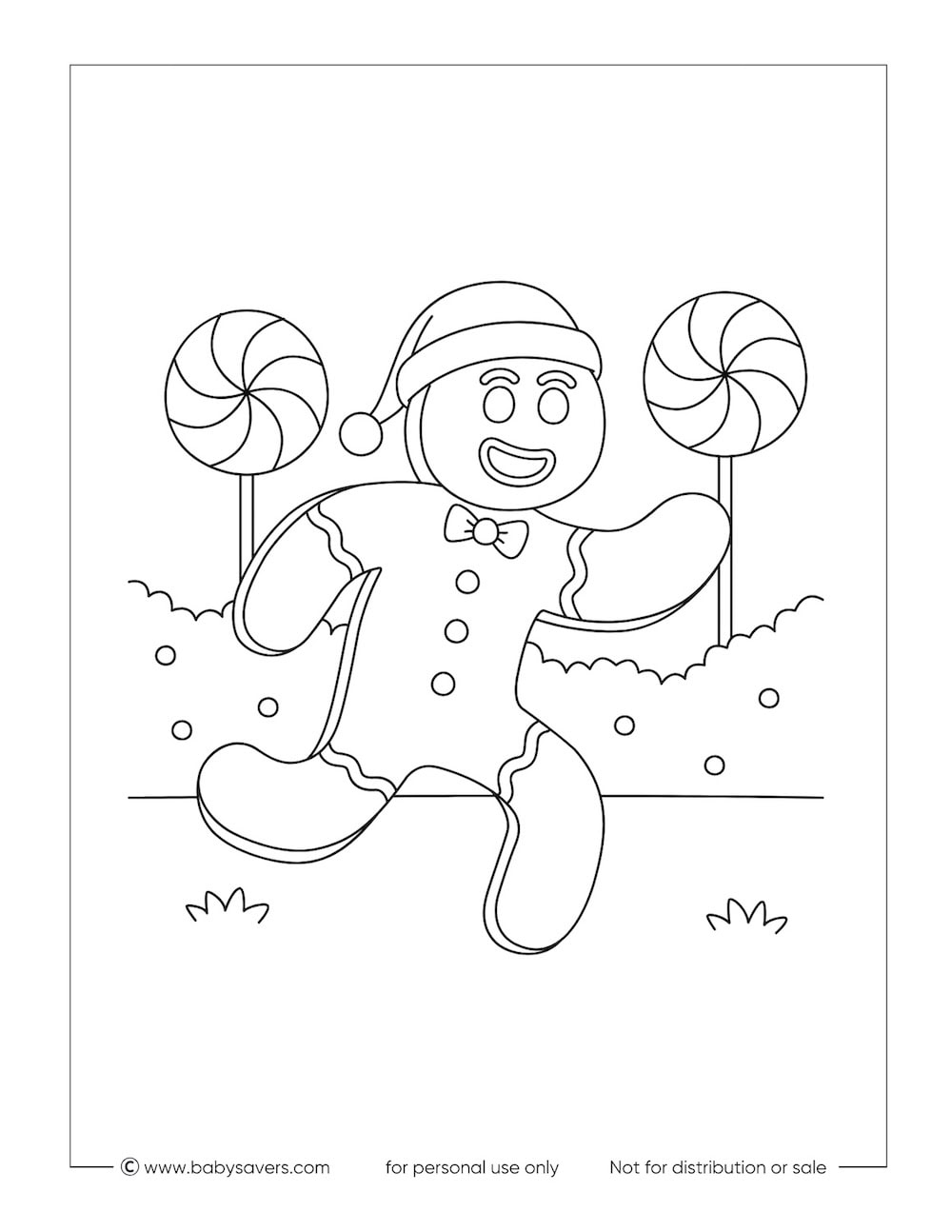 A happy gingerbread man wearing a Santa hat and bowtie runs in front of two large lollipops in a candy landscape, perfect for kids to enjoy as a free printable Christmas coloring page.