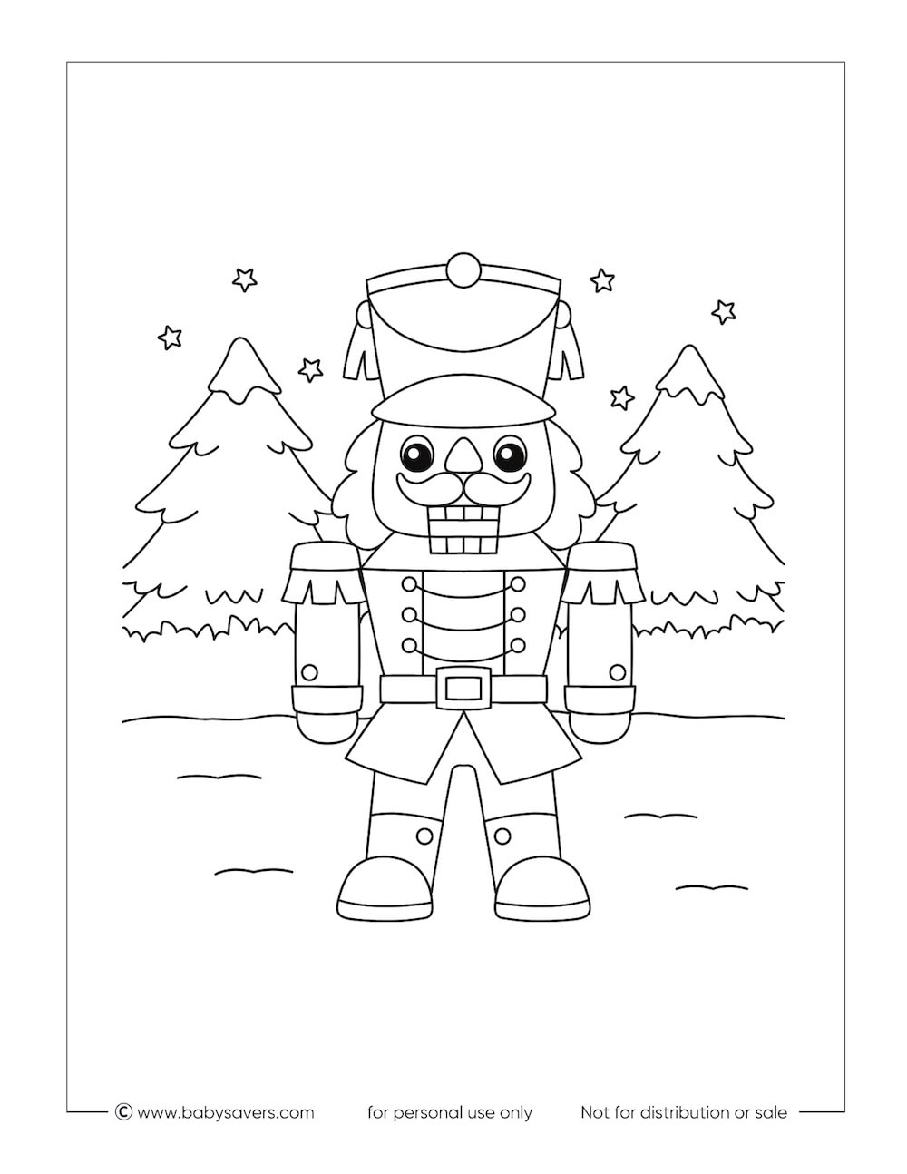 A festive Christmas coloring page for kids featuring a nutcracker soldier standing outdoors by two pine trees and stars. The nutcracker wears a tall hat and uniform. Enjoy this free printable for holiday fun!.