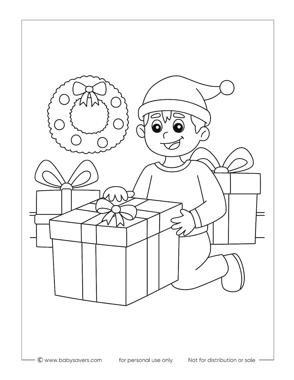 A child wearing a Santa hat kneels and smiles while holding a large wrapped gift. Other presents and a holiday wreath are in the background. This free printable is perfect for kids to enjoy as one of their Christmas coloring pages.