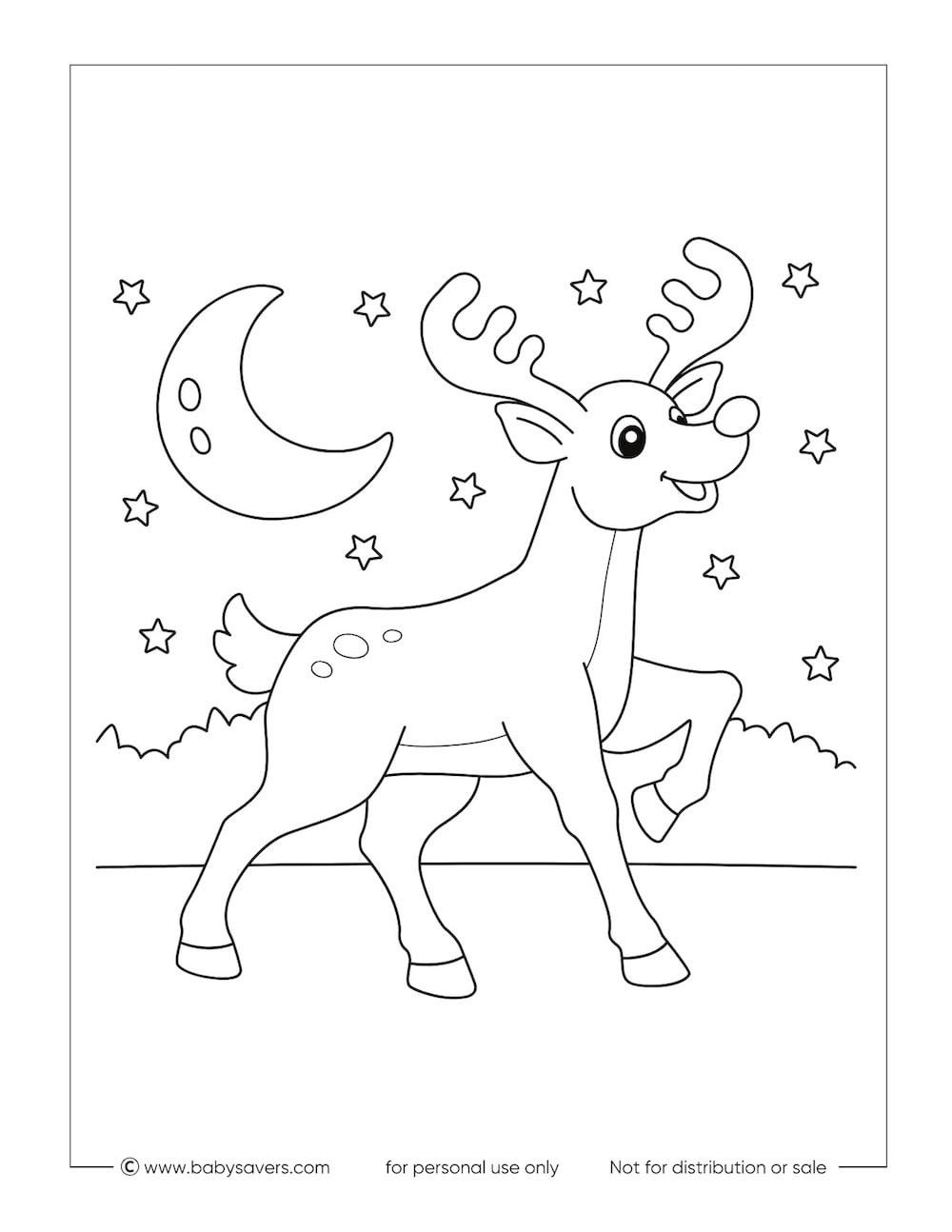 A cartoon reindeer walks with one leg raised, smiling under a crescent moon and stars. Trees and clouds fill the background. This black-and-white scene is perfect for Christmas coloring pages and free coloring pages to print at home.