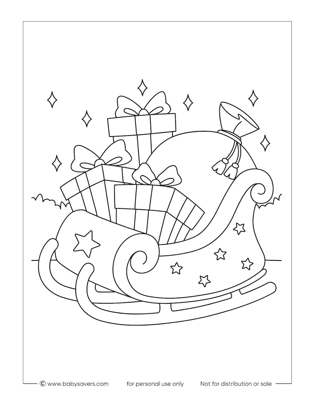 A festive sleigh decorated with stars is filled with wrapped presents, bows, and a sack. Sparkling stars surround the sleigh, creating a cheerful holiday scene—perfect for kids to enjoy as free printable Christmas coloring pages.