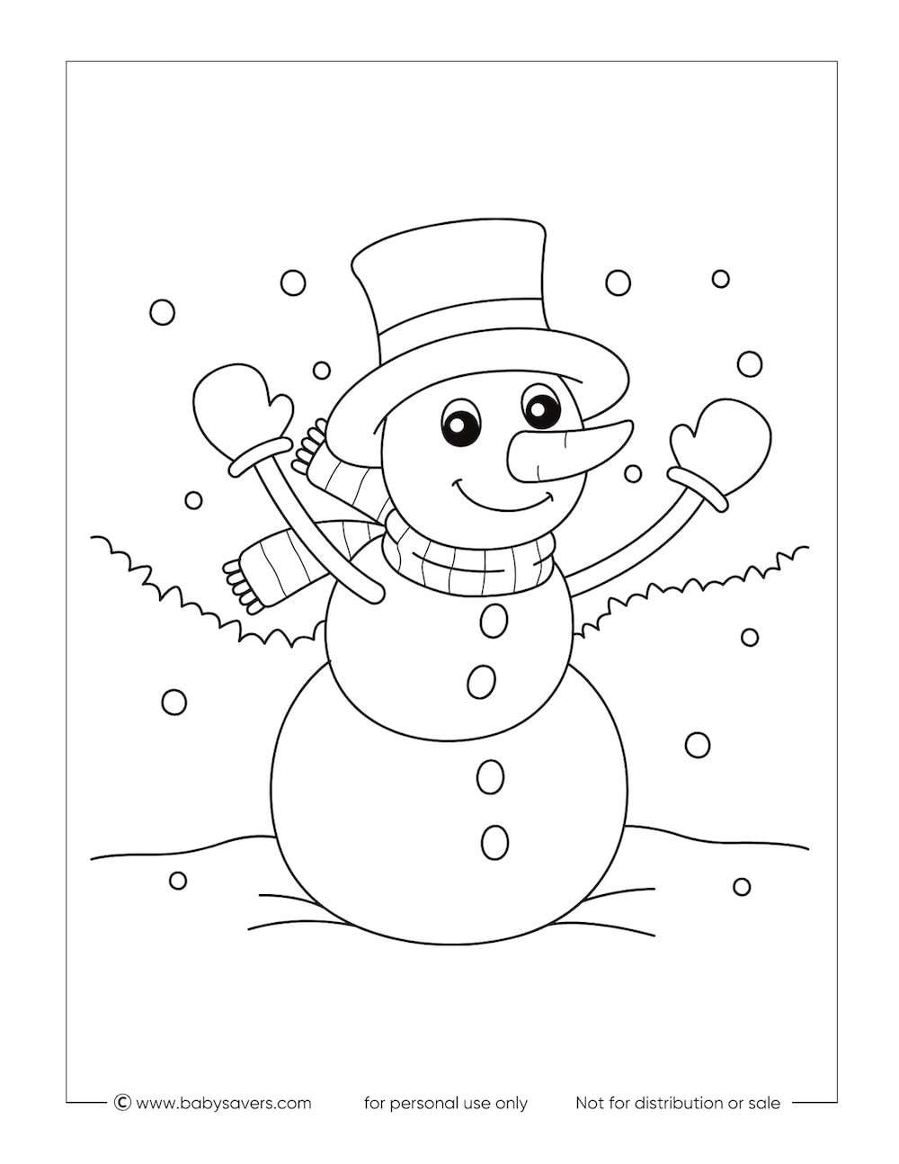 Black and white Christmas coloring page featuring a smiling snowman with a scarf, mittens, and top hat. Perfect for kids, this free printable shows the snowman with raised arms surrounded by falling snowflakes in a snowy outdoor scene.