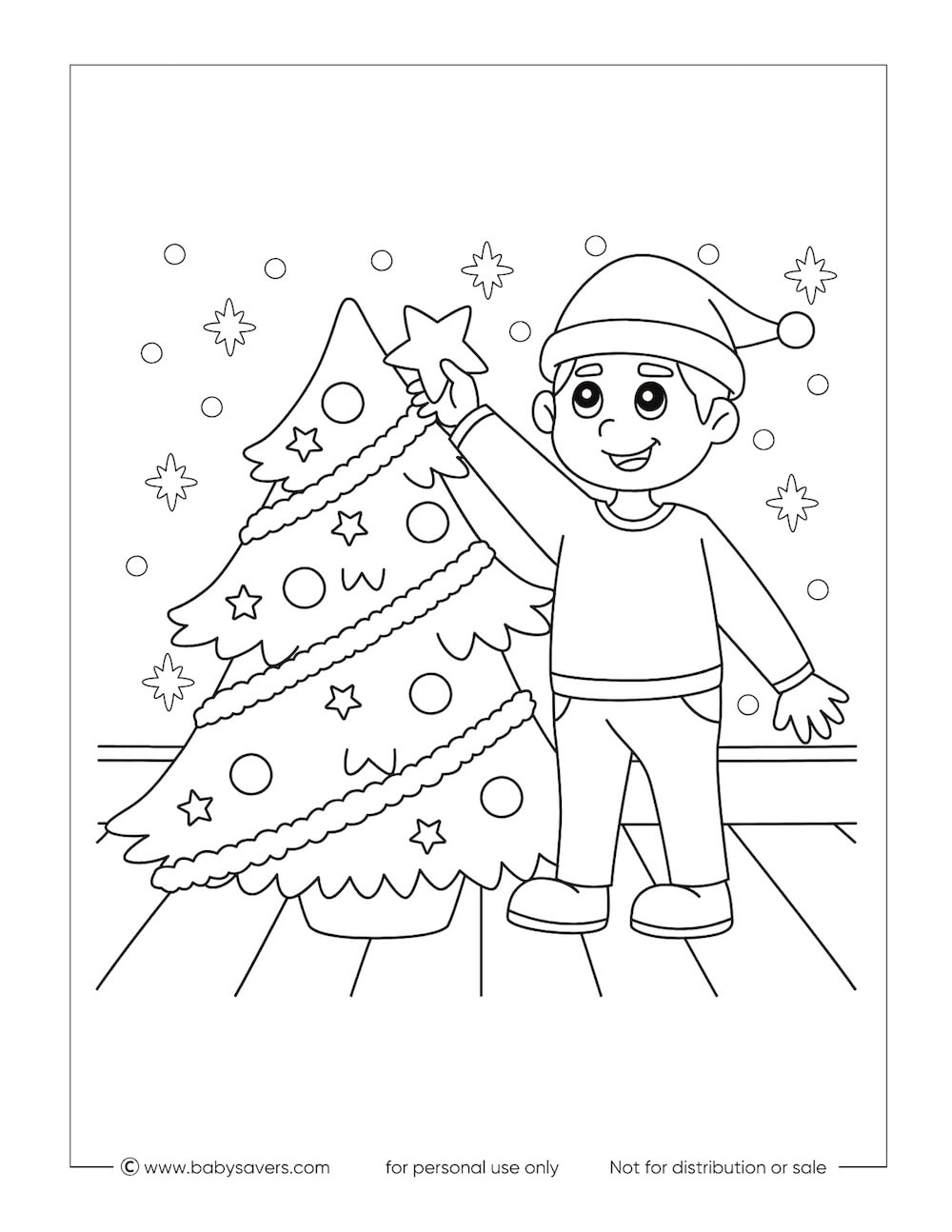 A child wearing a Santa hat stands next to a decorated Christmas tree, smiling and placing a star on top. Snowflakes fall in the background, and the wooden floor completes this joyful scene perfect for Christmas coloring pages for kids.