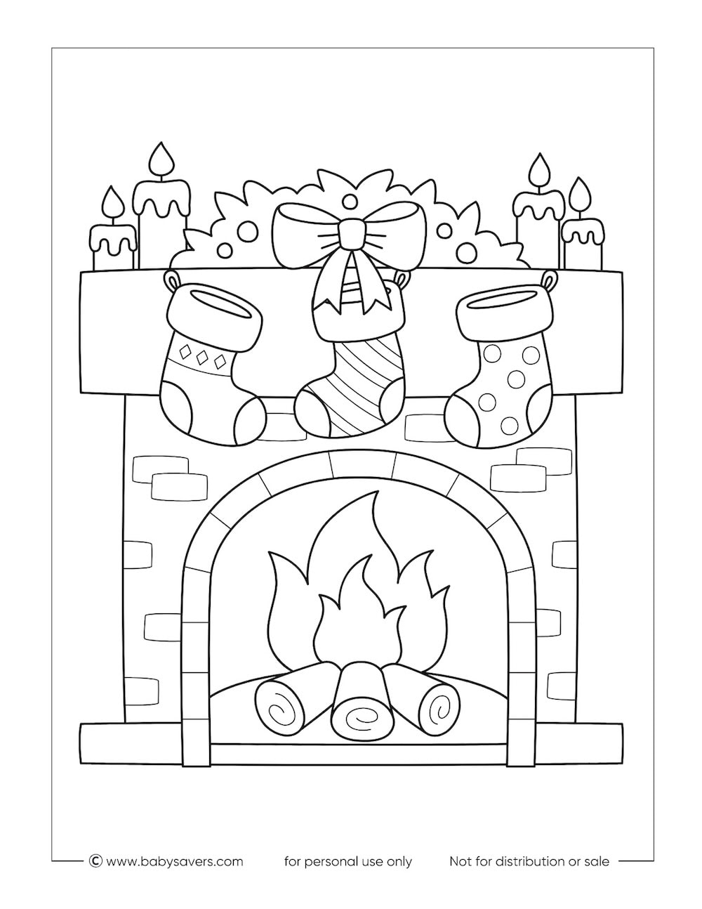 A cozy Christmas coloring page for kids featuring a fireplace with three stockings, five candles on the mantel, a big bow with greenery on top, and a crackling fire inside. Enjoy this festive free printable for holiday fun!.