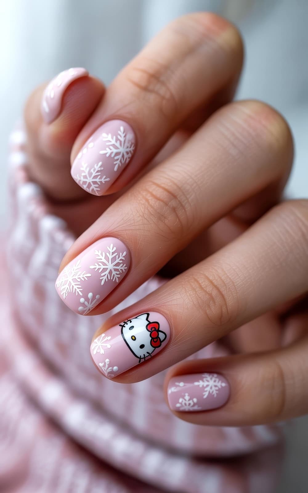 A hand with light pink Hello Kitty Christmas nails featuring white snowflake designs and a Hello Kitty face on the ring finger. The person is wearing a pink and white sweater.