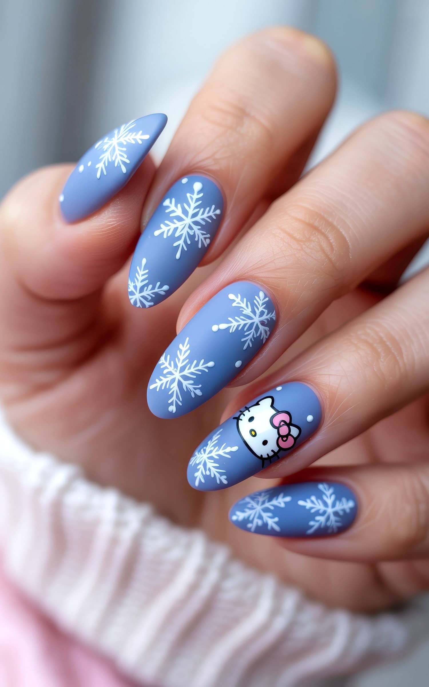 A hand with long, almond-shaped nails painted matte blue, decorated with white snowflakes and one nail featuring a cute Hello Kitty face with a pink bow—perfect for festive Hello Kitty Christmas nails.