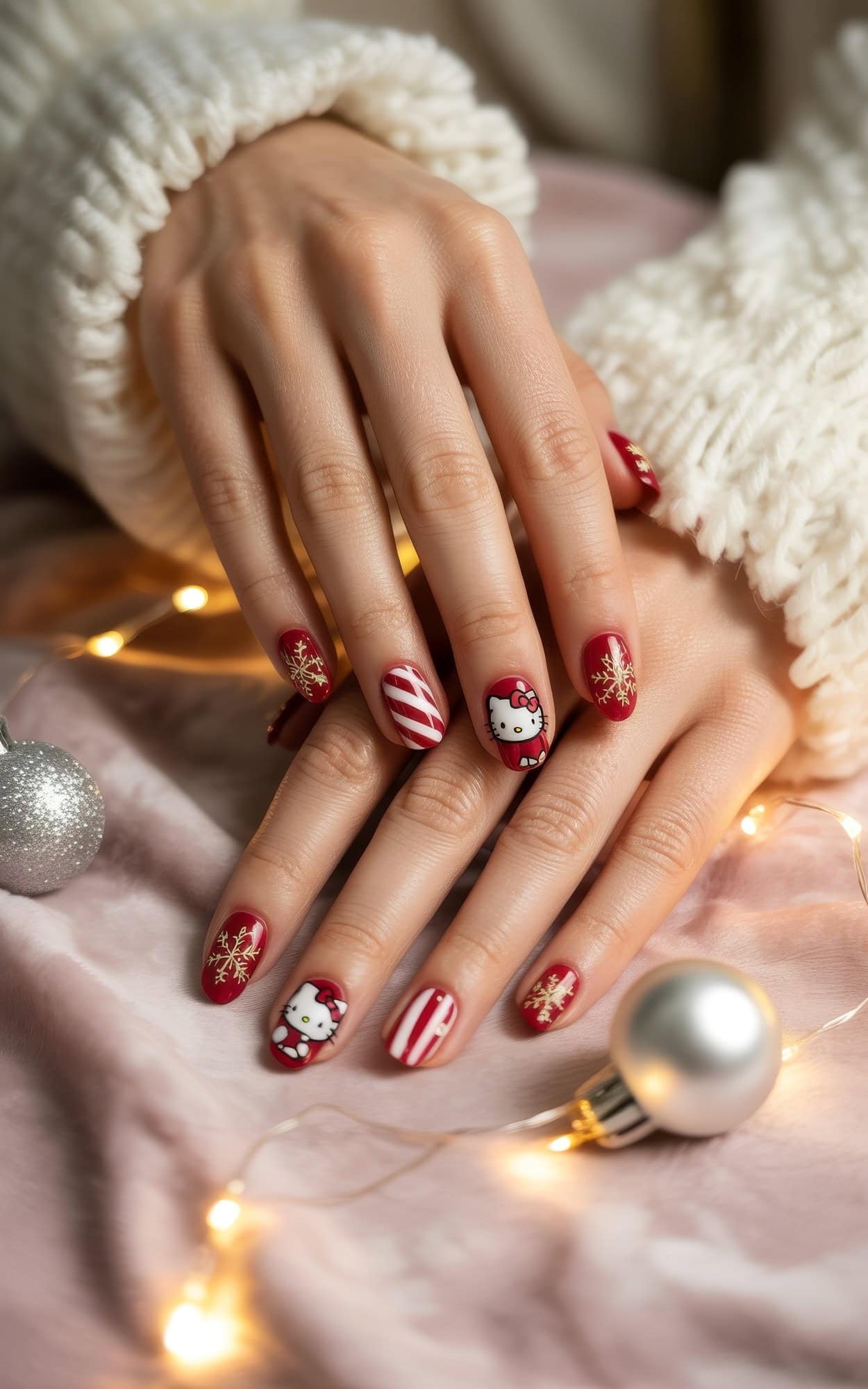 A pair of hands with festive red and white Hello Kitty Christmas nails, featuring candy cane stripes and gold snowflakes, rests on a pink surface adorned with white ornaments and string lights.